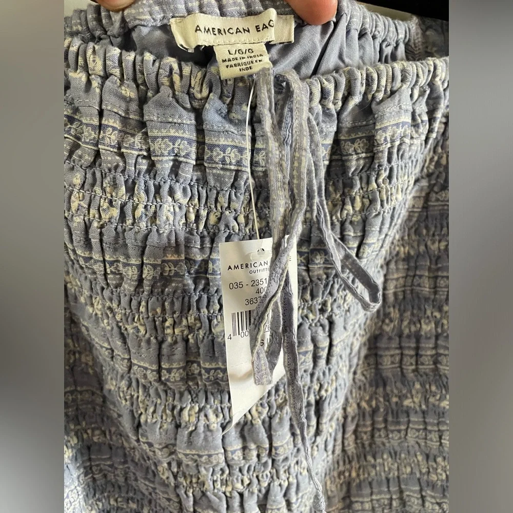 NWT American Eagle Square WomenNeck Floral Blue Crop Top Puff LongSleeves Size L